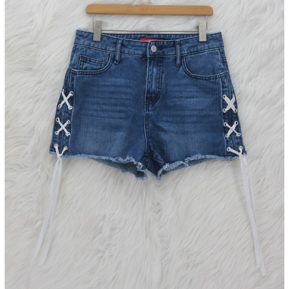 Vintage Guess  Blue Jean Denim Shorts 27 Mid Rise Cut Off Side Tie 90s Y2K #1019